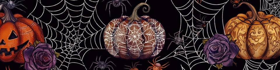 Wall Mural - Elegant Halloween pattern with lacey spider webs, ornate pumpkins, and gothic roses on a black background