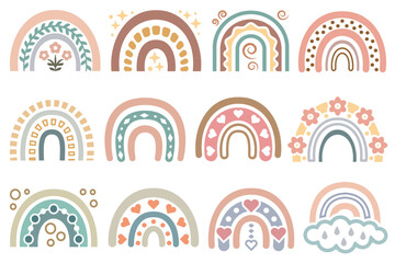 Poster - Pastel subtle colored Boho rainbows set. Decorative Boho shapes abstract design elements set.
