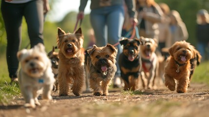 Sticker - A group of people walking their dogs at a community event for World Dog Day, with dogs of various breeds and sizes interacting. Copy space for text, sharp focus and clear light, high clarity, no