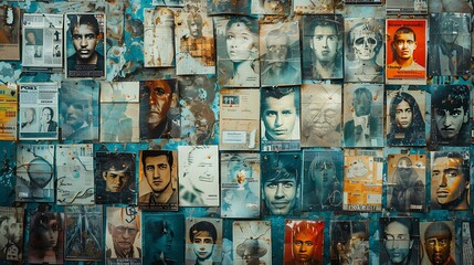 Poster - A wall covered with posters of missing persons, symbolizing the ongoing search for truth and justice on the International Day of Remembrance of Enforced Disappearance. Copy space for text, sharp