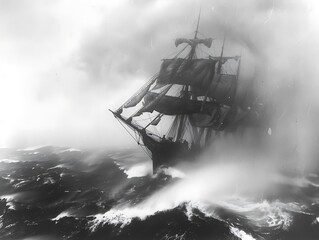 Wall Mural - A powerful image of a slave ship sailing across a stormy sea, highlighting the horrors of the transatlantic slave trade.