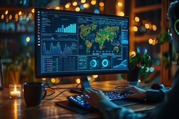 Poster - person working at night on a computer with global data analytics charts