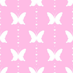 Poster - White butterflies, hearts and dots on pink background. Vector seamless pattern. Best for textile, print, wallpapers, and wedding decoration.