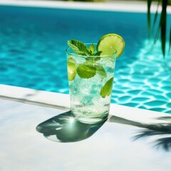 Sticker - a photo of a mojito cocktail laying near a cool blue pool.