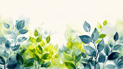 Wall Mural - Abstract foliage and lime-colored floral print in watercolour style on white background