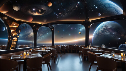 fancy picsThis is a futuristic restaurant with a view of space. There are tables and chairs, and a starry ceiling.

