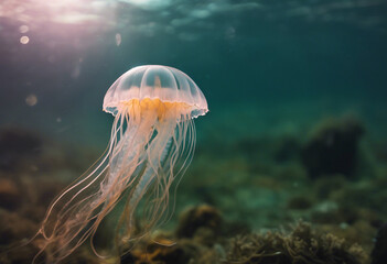 Wall Mural - Close-up with a large jellyfish underwater