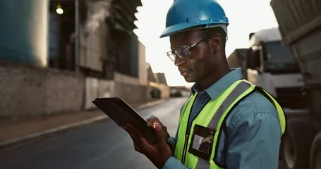 Aufkleber - Man, civil engineering and tablet for building inspection or architecture maintenance, development or progress. Black person, trucks and construction site or project contractor, internet or check