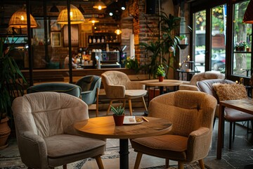 Cozy café interior with comfortable chairs and wooden table