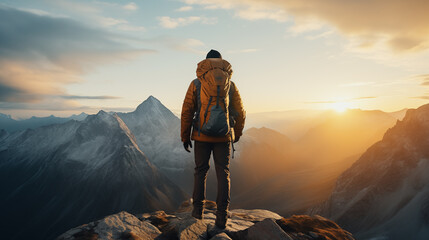 a lone hiker stands on a rocky peak, gazing out at a breathtaking vista of mountains bathed in the w