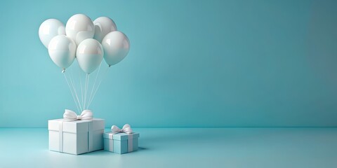 Sticker - Gift Boxes with Balloons on a Turquoise Background - Two gift boxes, one larger than the other, with white ribbons are decorated with a bunch of white balloons on a turquoise background.