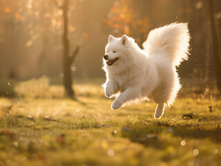 Full body shot of a Samoyed, happily running in the soft sunlight.