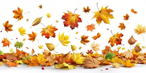 Sticker - Autumn Leaves Falling on a White Background - A beautiful autumn scene featuring many colorful leaves falling on a white background.