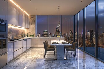 Wall Mural - modern kitchen interior with dining area cityscape view urban home concept 3d rendering