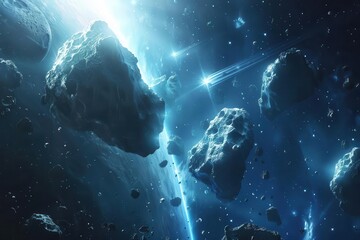 mysterious giant asteroids floating in deep space potential collision with earth abstract illustration
