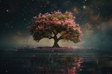 mystical cornus florida tree floating in dark void surreal 3d illustration