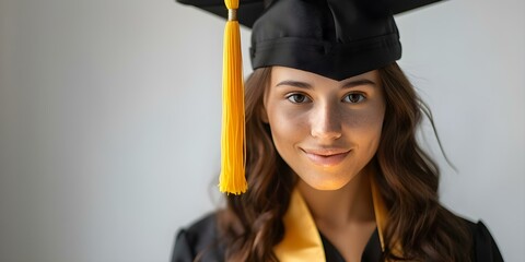 Wall Mural - college student girl with light bulb graduation regalia symbolizing creative thinking. concept educa
