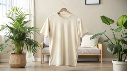 Cream T-Shirt Mockup in a Stylish Living Room - A cream t-shirt mockup hanging on a wooden hanger in a bright living room with two potted plants and a couch.