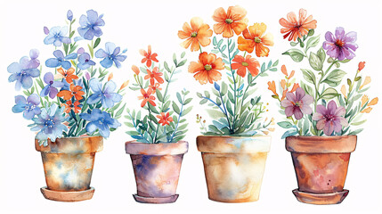 Wall Mural - Bright and natural watercolor-style floral clipart set with pots on white background