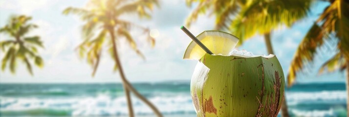 Wall Mural - A fresh coconut water drink with a straw, set against a tropical beach backdrop with palm trees and ocean waves.