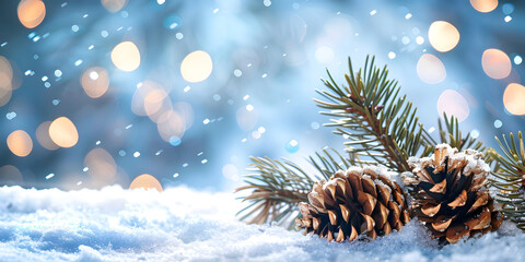 Poster - Christmas tree with cones in a snowy forest