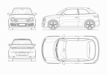 Wall Mural - Modern sub compact city car mockup in outlines, contours. Set of blueprints of non-existent subcompact car. Side, top, front and rear view of realistic small noname car isolated on white background.