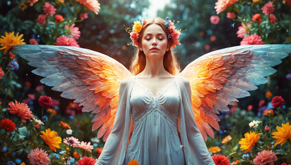 Wall Mural - realistic illustration of natural angel standing and dreaming in garden full of flowers