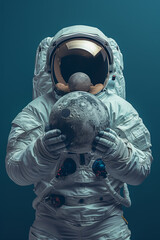 Wall Mural - A astronaut character isolated holding a big model of the moon, hover flying style, blue background, in a distant planet