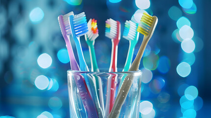 Wall Mural - a tooth-glass with color coded toothbrushes in the center of the image