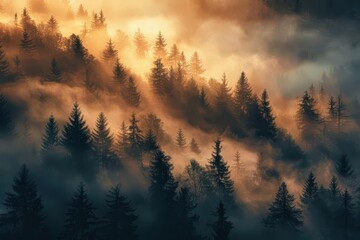 Wall Mural - misty mountain forest at sunrise atmospheric landscape photography