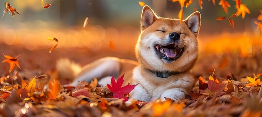 happy shiba inu with autumn leaves, banner