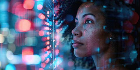 Mixed race black african american female IT specialist analysing artificial intelligence threats to consumer data and privacy leaks. Technology cyberspace software analyst