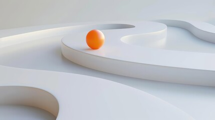 Orange sphere on a white abstract curvy surface, minimalistic 3D rendering with smooth lines and modern design.