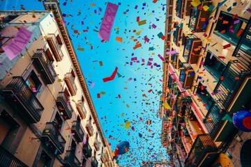 Experience the lively atmosphere of the Spanish carnival with a stunning display of colorful confetti and streamers, bringing joy and festivity to the streets.