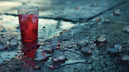 Ice-cold drink sitting on a hot pavement with melting ice cubes