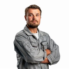 professional smiling Mechanic standing isolated on white background, looking directly at the camera with an attentive expression