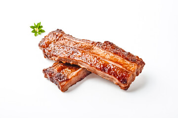 Wall Mural - Close-up of Two Delicious Roasted Pork Ribs on White Background