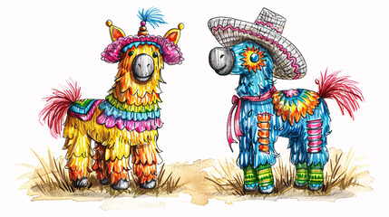 Hand-drawn sketch of a sombrero and pinata with festive Cinco de Mayo decorations on white background