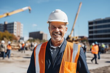 Wall Mural - Smiling portrait of a mature businessman on construction site