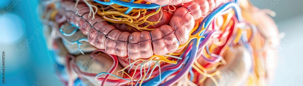 Normal Intestine Detailed cutaway of the intestines, showing internal structures related ...