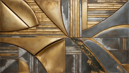 A textured wall panel of intersecting geometric shapes in brass and steel