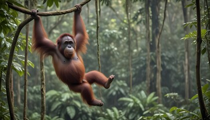 In the lush rainforests the orangutan swings effortlessly through the dense forest