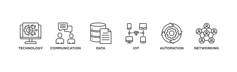 Digital transformation banner web icon vector illustration concept with icon of technology, communication, data, iot, ict, automation, internet, and networking	
