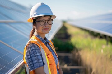 Wall Mural - Portrait of a middle aged Asian female engineer on solar farm