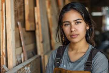 Wall Mural - Portrait of a young female carpenter in workshop