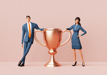 Wall Mural - Successful business people stay next to big golden trophy,  business concept illustration 3D rendering