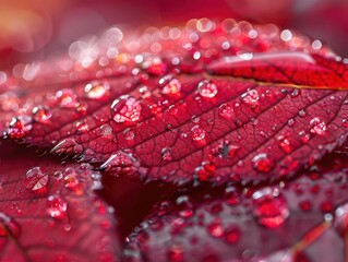 Wall Mural - mesmerizing macro photograph of crystalline water droplets clinging to a vibrant red autumn leaf capturing natures intricate details