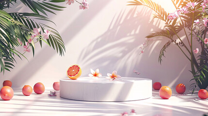 surreal minimal summer podium with geometric shapes and exotic plants on a white background