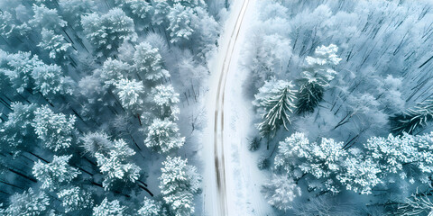 Poster - Top view of a snowy forest with a road