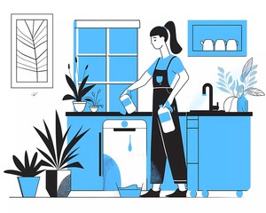 Poster - A flat illustration of woman cleaning home with water bottle, vector line art, simple shapes, white background, blue and black color scheme, minimalistic design, modern style